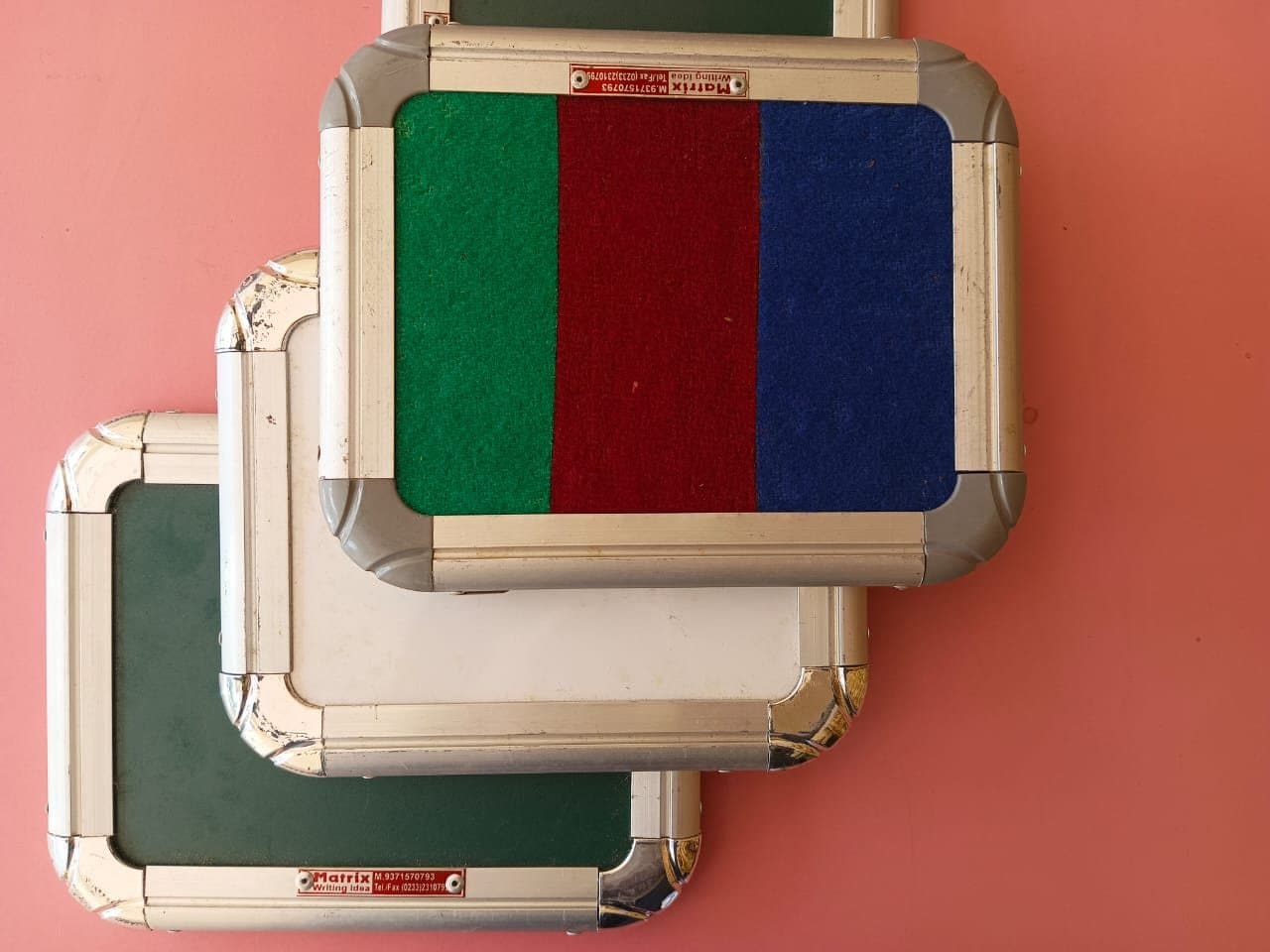 Combination felt board — green, maroon and blue in one frame