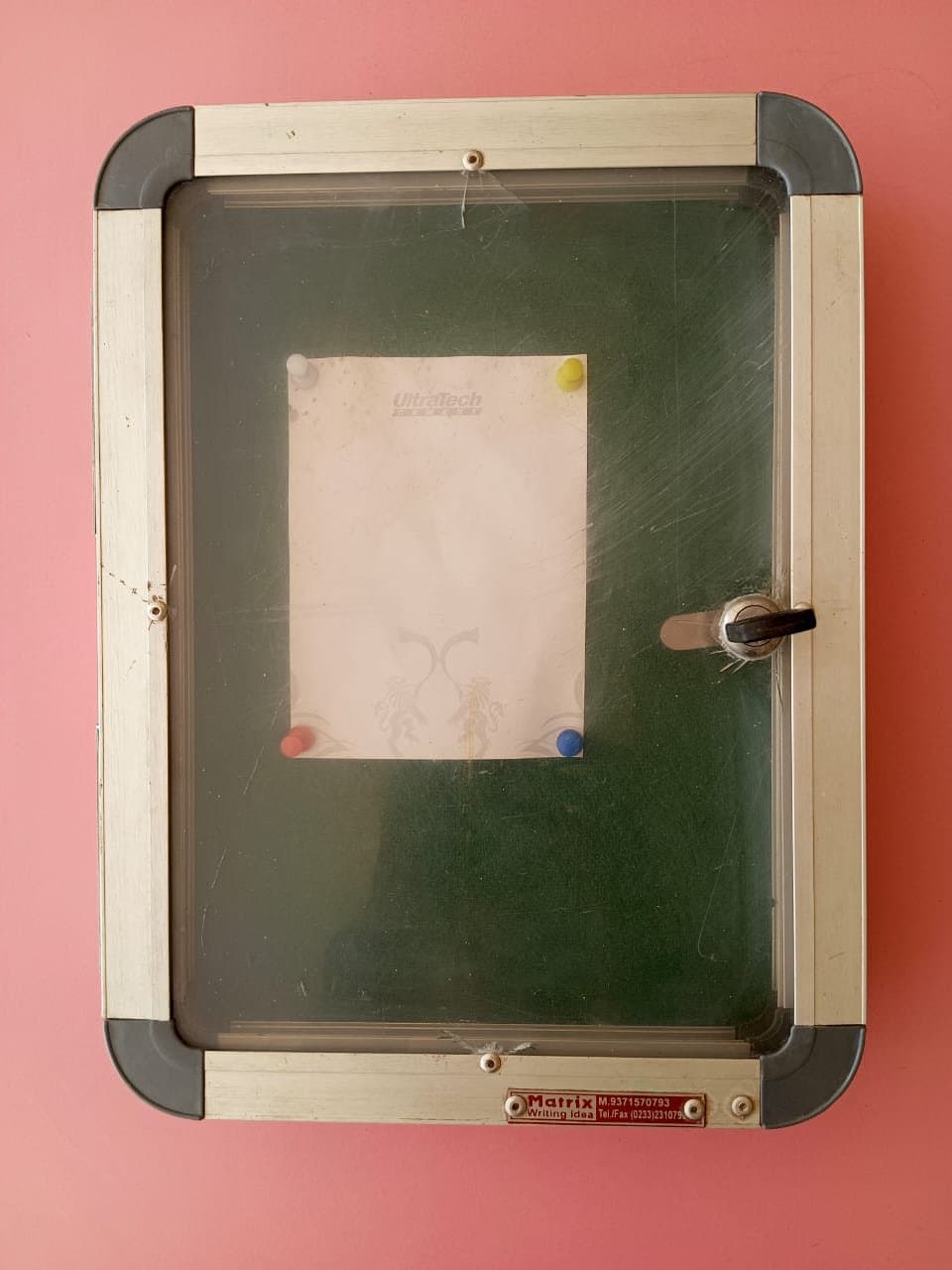 Green chalk board, aluminium frame, corner caps fitted